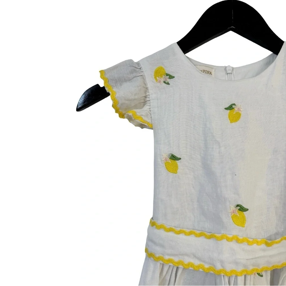 Sorci and Fofa Girls 6 Embroidered Lemon Flutter Sleeve Ric-Rac Linen Dress‎ - Picture 15 of 16
